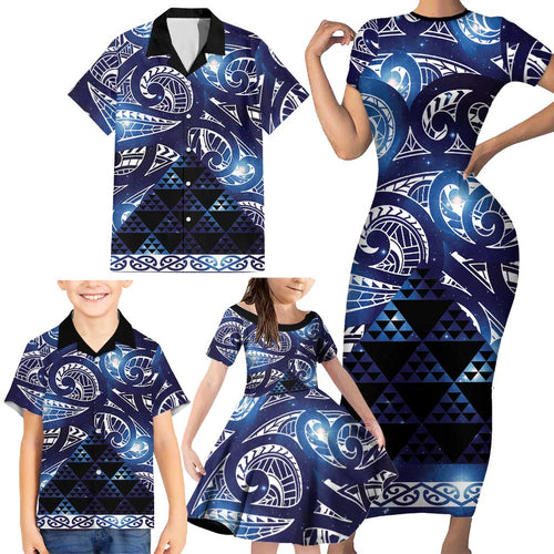 Matariki New Zealand Family Matching Short Sleeve Bodycon Dress and Hawaiian Shirt NZ Niho Taniwha Maori New Year Blue Galaxy