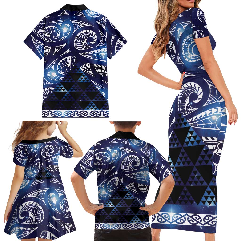 Matariki New Zealand Family Matching Short Sleeve Bodycon Dress and Hawaiian Shirt NZ Niho Taniwha Maori New Year Blue Galaxy
