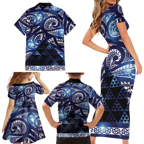 Matariki New Zealand Family Matching Short Sleeve Bodycon Dress and Hawaiian Shirt NZ Niho Taniwha Maori New Year Blue Galaxy