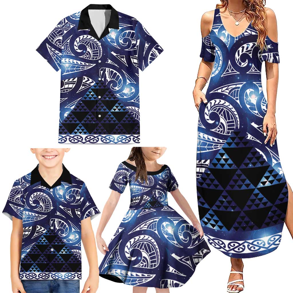Matariki New Zealand Family Matching Summer Maxi Dress and Hawaiian Shirt NZ Niho Taniwha Maori New Year Blue Galaxy