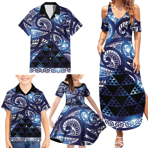 Matariki New Zealand Family Matching Summer Maxi Dress and Hawaiian Shirt NZ Niho Taniwha Maori New Year Blue Galaxy