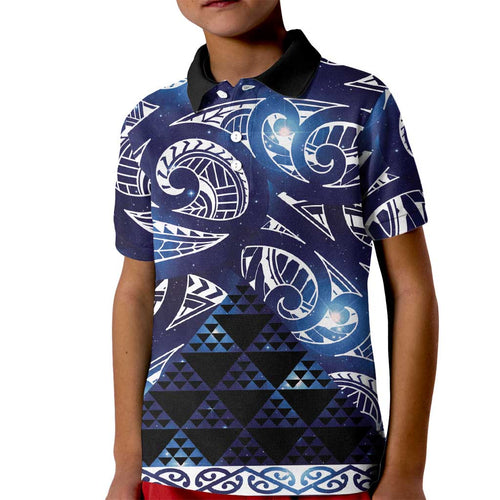 Matariki New Zealand Kid Polo Shirt NZ Niho Taniwha Maori New Year Blue Galaxy