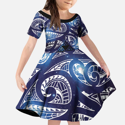 Matariki New Zealand Kid Short Sleeve Dress NZ Niho Taniwha Maori New Year Blue Galaxy