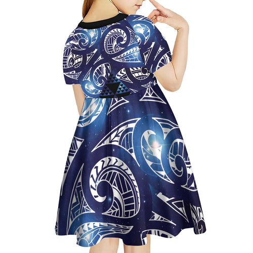 Matariki New Zealand Kid Short Sleeve Dress NZ Niho Taniwha Maori New Year Blue Galaxy