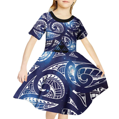 Matariki New Zealand Kid Short Sleeve Dress NZ Niho Taniwha Maori New Year Blue Galaxy