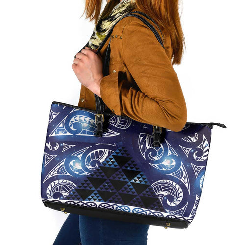 Matariki New Zealand Leather Tote Bag NZ Niho Taniwha Maori New Year Blue Galaxy