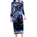 Matariki New Zealand Long Sleeve Bodycon Dress NZ Niho Taniwha Maori New Year Blue Galaxy