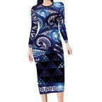 Matariki New Zealand Long Sleeve Bodycon Dress NZ Niho Taniwha Maori New Year Blue Galaxy