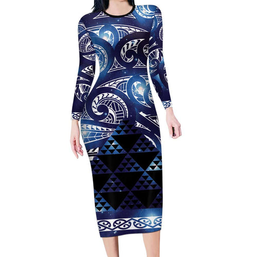 Matariki New Zealand Long Sleeve Bodycon Dress NZ Niho Taniwha Maori New Year Blue Galaxy
