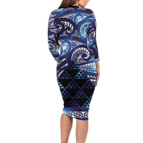 Matariki New Zealand Long Sleeve Bodycon Dress NZ Niho Taniwha Maori New Year Blue Galaxy