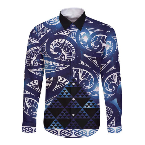 Matariki New Zealand Long Sleeve Button Shirt NZ Niho Taniwha Maori New Year Blue Galaxy