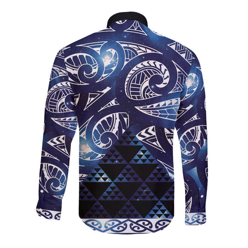 Matariki New Zealand Long Sleeve Button Shirt NZ Niho Taniwha Maori New Year Blue Galaxy