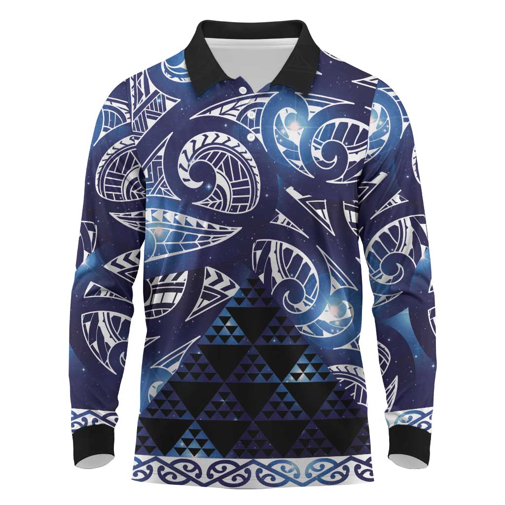 Matariki New Zealand Long Sleeve Polo Shirt NZ Niho Taniwha Maori New Year Blue Galaxy