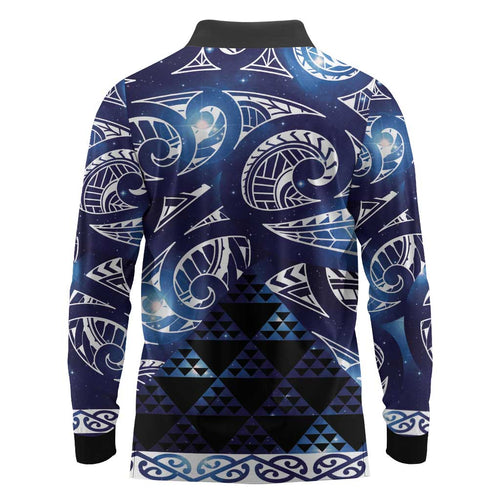 Matariki New Zealand Long Sleeve Polo Shirt NZ Niho Taniwha Maori New Year Blue Galaxy