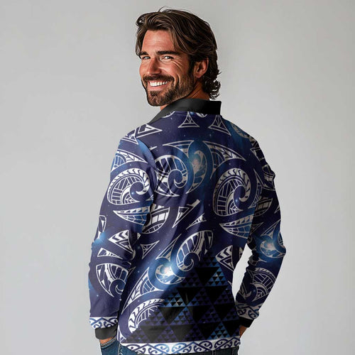 Matariki New Zealand Long Sleeve Polo Shirt NZ Niho Taniwha Maori New Year Blue Galaxy