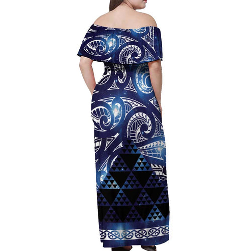 Matariki New Zealand Off Shoulder Maxi Dress NZ Niho Taniwha Maori New Year Blue Galaxy