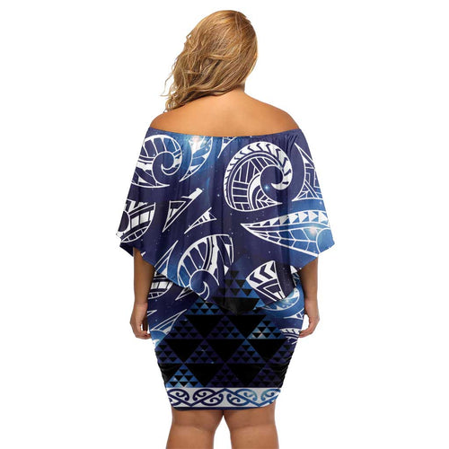 Matariki New Zealand Off Shoulder Short Dress NZ Niho Taniwha Maori New Year Blue Galaxy
