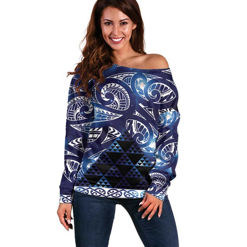 Matariki New Zealand Off Shoulder Sweater NZ Niho Taniwha Maori New Year Blue Galaxy