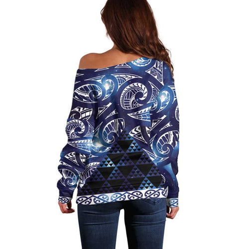 Matariki New Zealand Off Shoulder Sweater NZ Niho Taniwha Maori New Year Blue Galaxy
