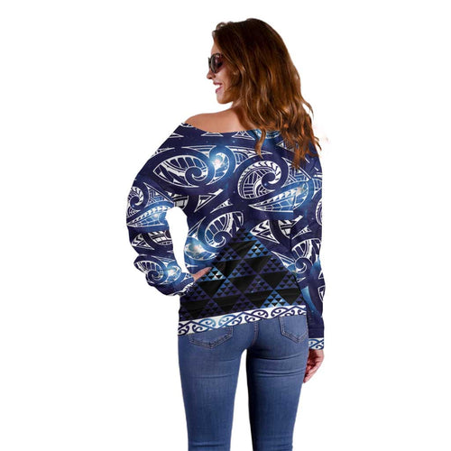 Matariki New Zealand Off Shoulder Sweater NZ Niho Taniwha Maori New Year Blue Galaxy