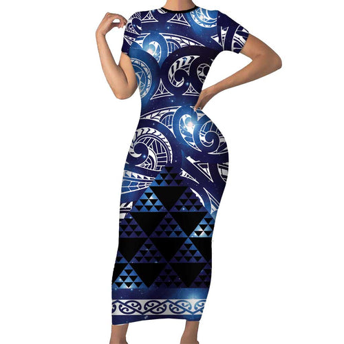 Matariki New Zealand Short Sleeve Bodycon Dress NZ Niho Taniwha Maori New Year Blue Galaxy