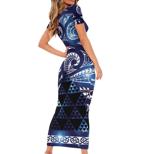 Matariki New Zealand Short Sleeve Bodycon Dress NZ Niho Taniwha Maori New Year Blue Galaxy