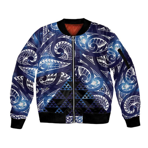 Matariki New Zealand Sleeve Zip Bomber Jacket NZ Niho Taniwha Maori New Year Blue Galaxy