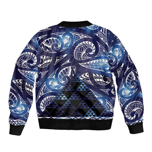 Matariki New Zealand Sleeve Zip Bomber Jacket NZ Niho Taniwha Maori New Year Blue Galaxy