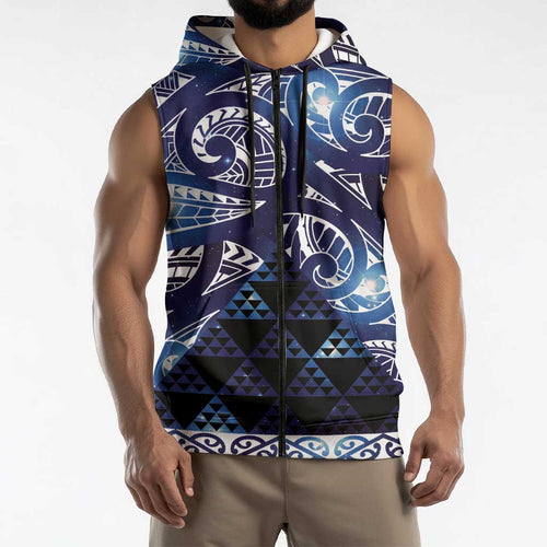 Matariki New Zealand Sleeveless Zip Hoodie NZ Niho Taniwha Maori New Year Blue Galaxy