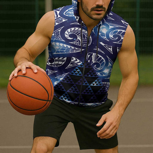 Matariki New Zealand Sleeveless Zip Hoodie NZ Niho Taniwha Maori New Year Blue Galaxy