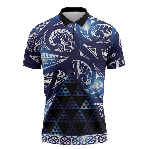 Matariki New Zealand Zipper Polo Shirt NZ Niho Taniwha Maori New Year Blue Galaxy