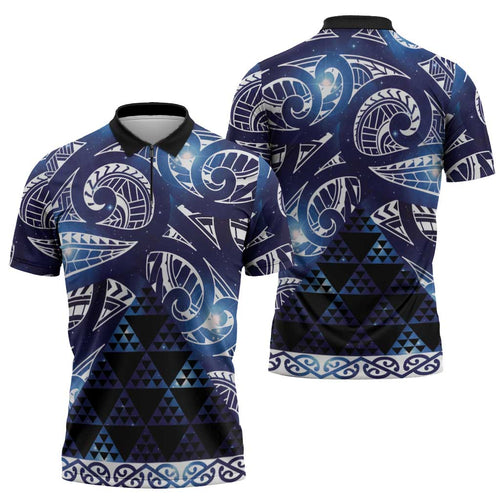 Matariki New Zealand Zipper Polo Shirt NZ Niho Taniwha Maori New Year Blue Galaxy