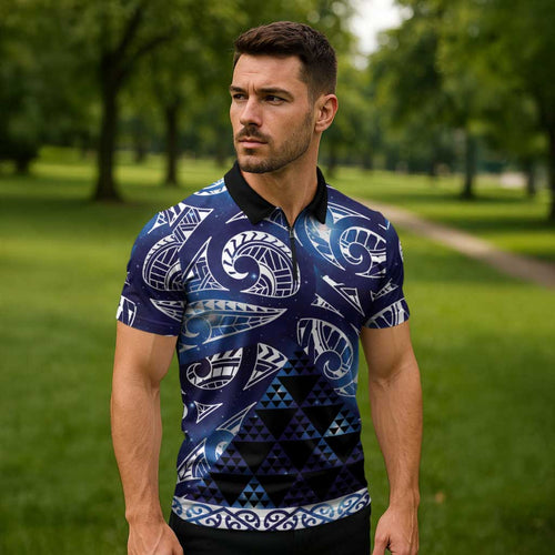 Matariki New Zealand Zipper Polo Shirt NZ Niho Taniwha Maori New Year Blue Galaxy