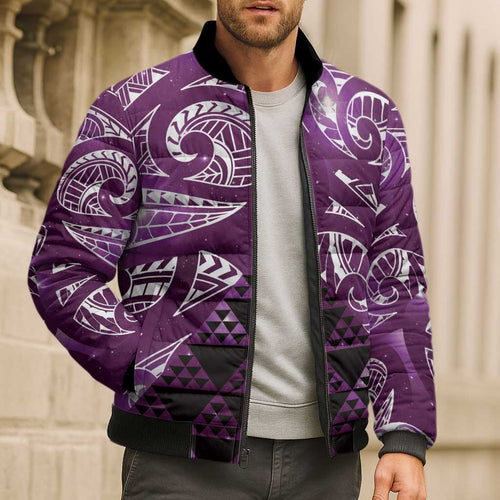 Matariki New Zealand Bomber Puffer Jacket NZ Niho Taniwha Maori New Year Purple Galaxy