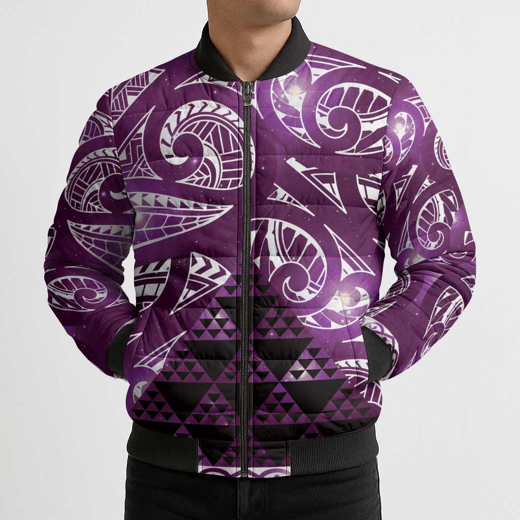 Matariki New Zealand Bomber Puffer Jacket NZ Niho Taniwha Maori New Year Purple Galaxy