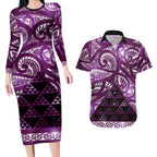 Matariki New Zealand Couples Matching Long Sleeve Bodycon Dress and Hawaiian Shirt NZ Niho Taniwha Maori New Year Purple Galaxy