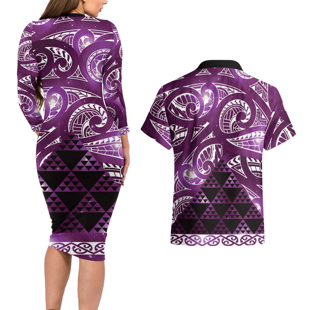 Matariki New Zealand Couples Matching Long Sleeve Bodycon Dress and Hawaiian Shirt NZ Niho Taniwha Maori New Year Purple Galaxy
