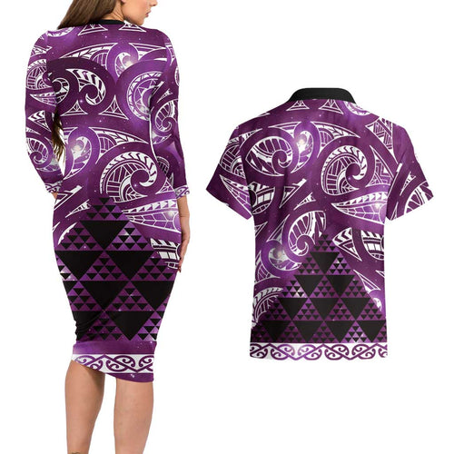 Matariki New Zealand Couples Matching Long Sleeve Bodycon Dress and Hawaiian Shirt NZ Niho Taniwha Maori New Year Purple Galaxy