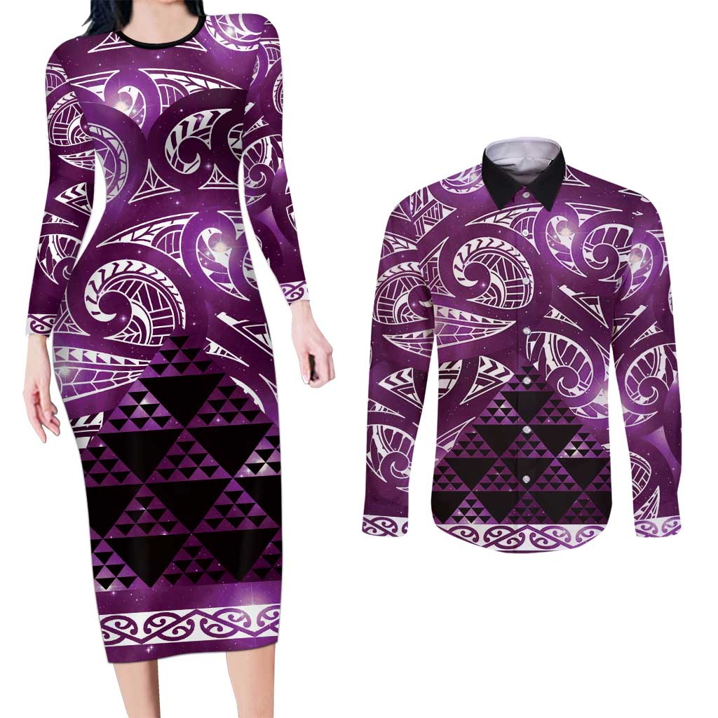 Matariki New Zealand Couples Matching Long Sleeve Bodycon Dress and Long Sleeve Button Shirt NZ Niho Taniwha Maori New Year Purple Galaxy
