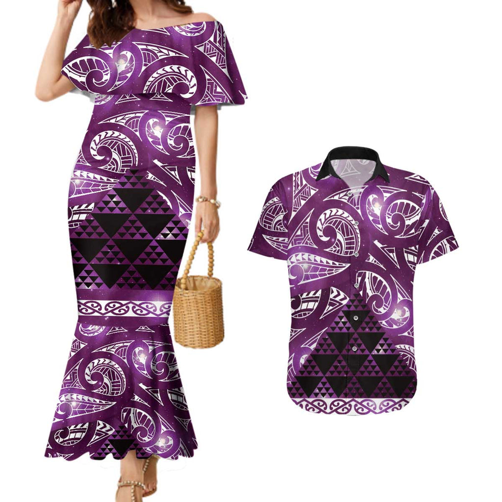 Matariki New Zealand Couples Matching Mermaid Dress and Hawaiian Shirt NZ Niho Taniwha Maori New Year Purple Galaxy
