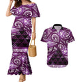 Matariki New Zealand Couples Matching Mermaid Dress and Hawaiian Shirt NZ Niho Taniwha Maori New Year Purple Galaxy