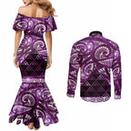 Matariki New Zealand Couples Matching Mermaid Dress and Long Sleeve Button Shirt NZ Niho Taniwha Maori New Year Purple Galaxy