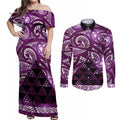 Matariki New Zealand Couples Matching Off Shoulder Maxi Dress and Long Sleeve Button Shirt NZ Niho Taniwha Maori New Year Purple Galaxy