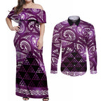 Matariki New Zealand Couples Matching Off Shoulder Maxi Dress and Long Sleeve Button Shirt NZ Niho Taniwha Maori New Year Purple Galaxy