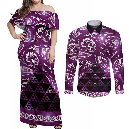 Matariki New Zealand Couples Matching Off Shoulder Maxi Dress and Long Sleeve Button Shirt NZ Niho Taniwha Maori New Year Purple Galaxy