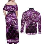 Matariki New Zealand Couples Matching Off Shoulder Maxi Dress and Long Sleeve Button Shirt NZ Niho Taniwha Maori New Year Purple Galaxy
