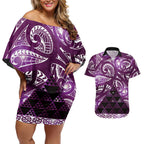 Matariki New Zealand Couples Matching Off Shoulder Short Dress and Hawaiian Shirt NZ Niho Taniwha Maori New Year Purple Galaxy