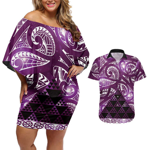 Matariki New Zealand Couples Matching Off Shoulder Short Dress and Hawaiian Shirt NZ Niho Taniwha Maori New Year Purple Galaxy