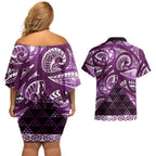 Matariki New Zealand Couples Matching Off Shoulder Short Dress and Hawaiian Shirt NZ Niho Taniwha Maori New Year Purple Galaxy