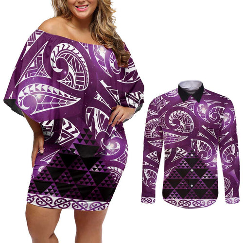 Matariki New Zealand Couples Matching Off Shoulder Short Dress and Long Sleeve Button Shirt NZ Niho Taniwha Maori New Year Purple Galaxy